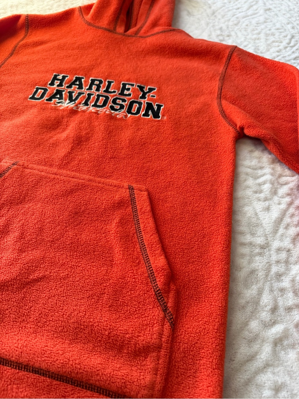 Vintage Harley-Davidson Orange Fleece Pullover Hoodie Youth Large 14/16 Biker - Picture 2 of 9